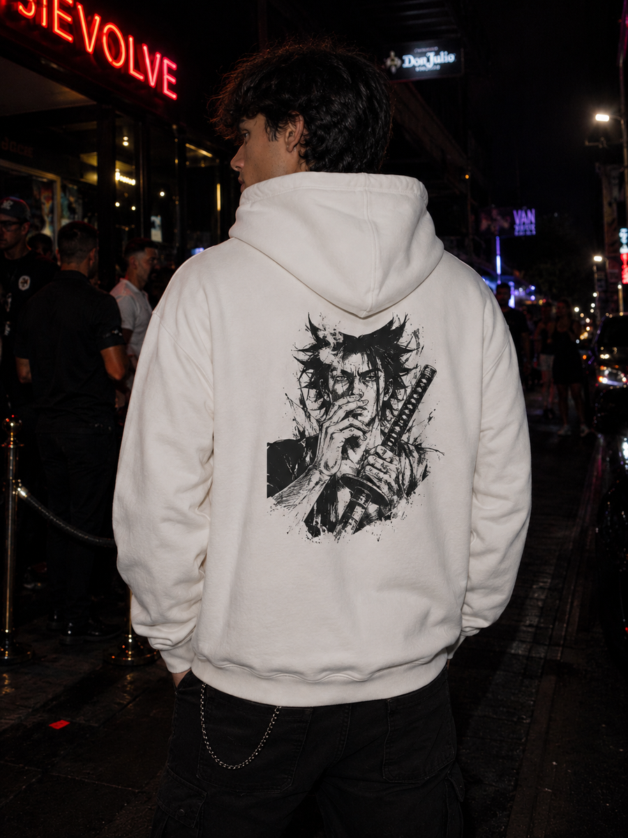 Monochrome Samurai Back Print Hoodie with Oni Bull Front